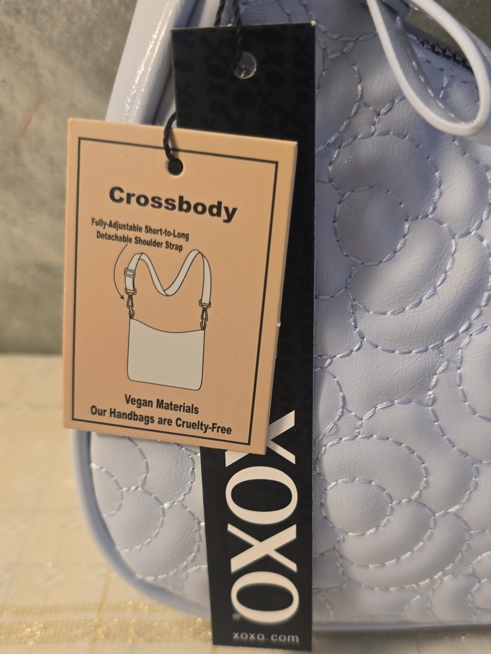 XOXO Vegan Leather Quilted Crossbody Bag in Light Blue, Wide Strap Adjust New - Picture 2 of 6